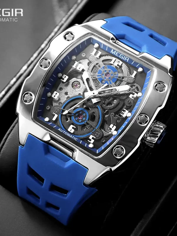MEGIR Blue Mechanical Watch for Men Tonneau Hollow Dial Sport Waterproof Automatic Wristwatch with Luminous Hands Silicone Strap